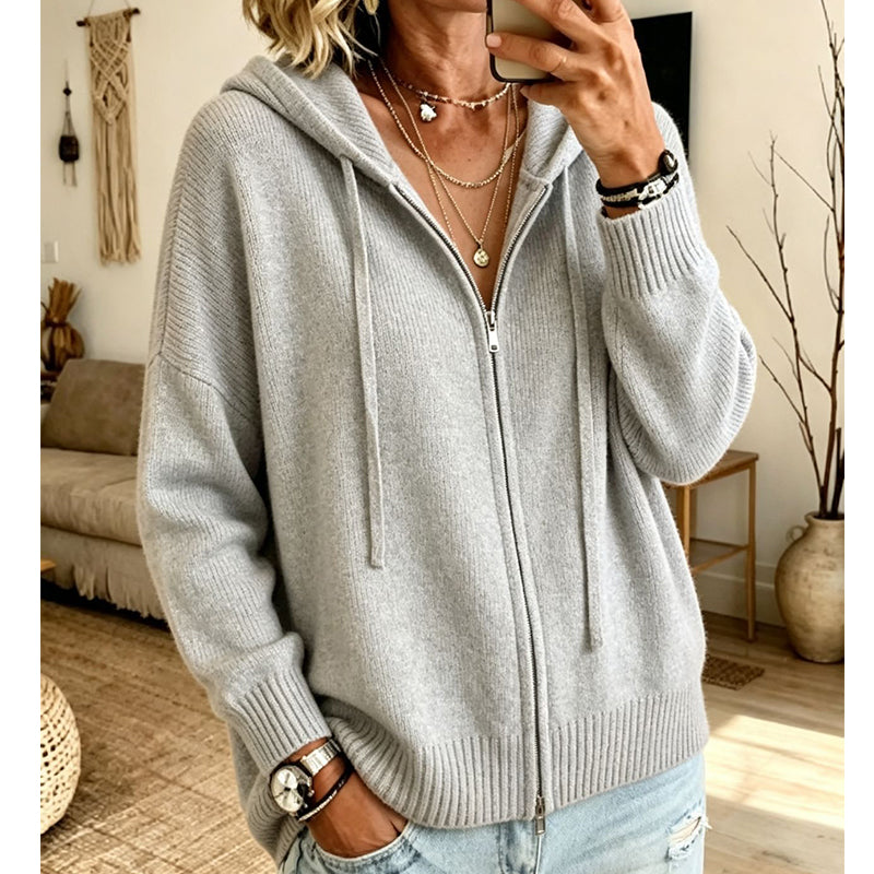 Dame løs strikket cardigan med glidelås og hette