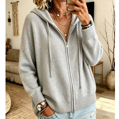 Dame løs strikket cardigan med glidelås og hette