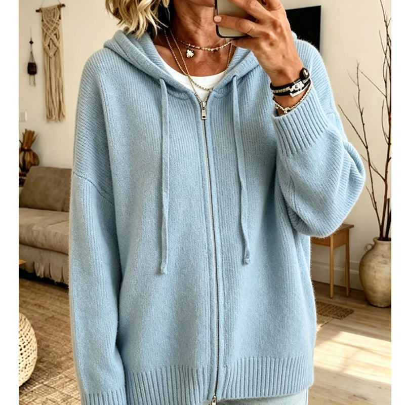 Dame løs strikket cardigan med glidelås og hette