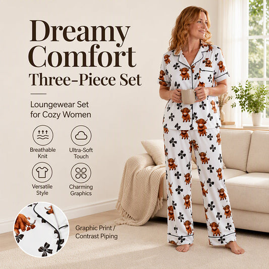 3-delers pyjamasett for kvinner med Highland Cow-mønster