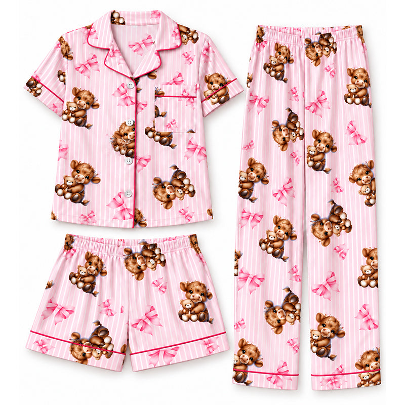 3-delers pyjamasett for kvinner med Highland Cow-mønster