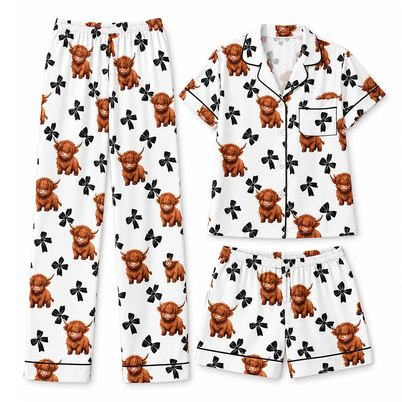 3-delers pyjamasett for kvinner med Highland Cow-mønster