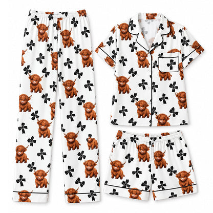 3-delers pyjamasett for kvinner med Highland Cow-mønster