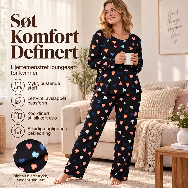 🌙 Pyjamas med lange ermer og hjerter for damer 💕