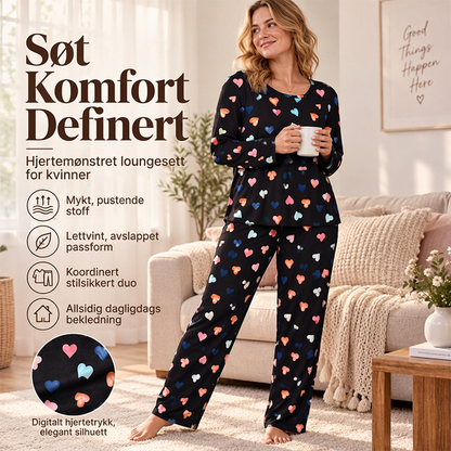 🌙 Pyjamas med lange ermer og hjerter for damer 💕