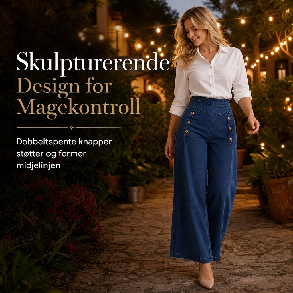 Høytaljede, vidbeinte stretch-jeans med dekorative knapper