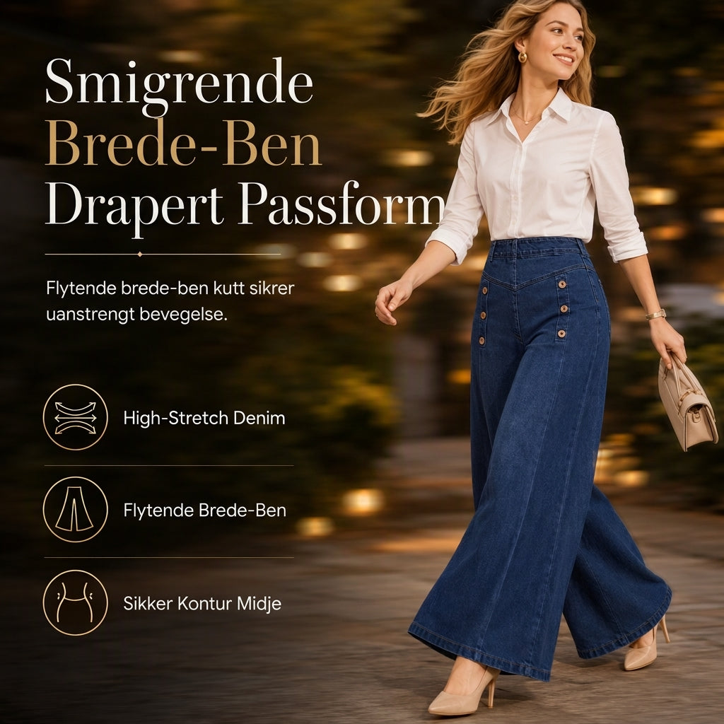 Høytaljede, vidbeinte stretch-jeans med dekorative knapper
