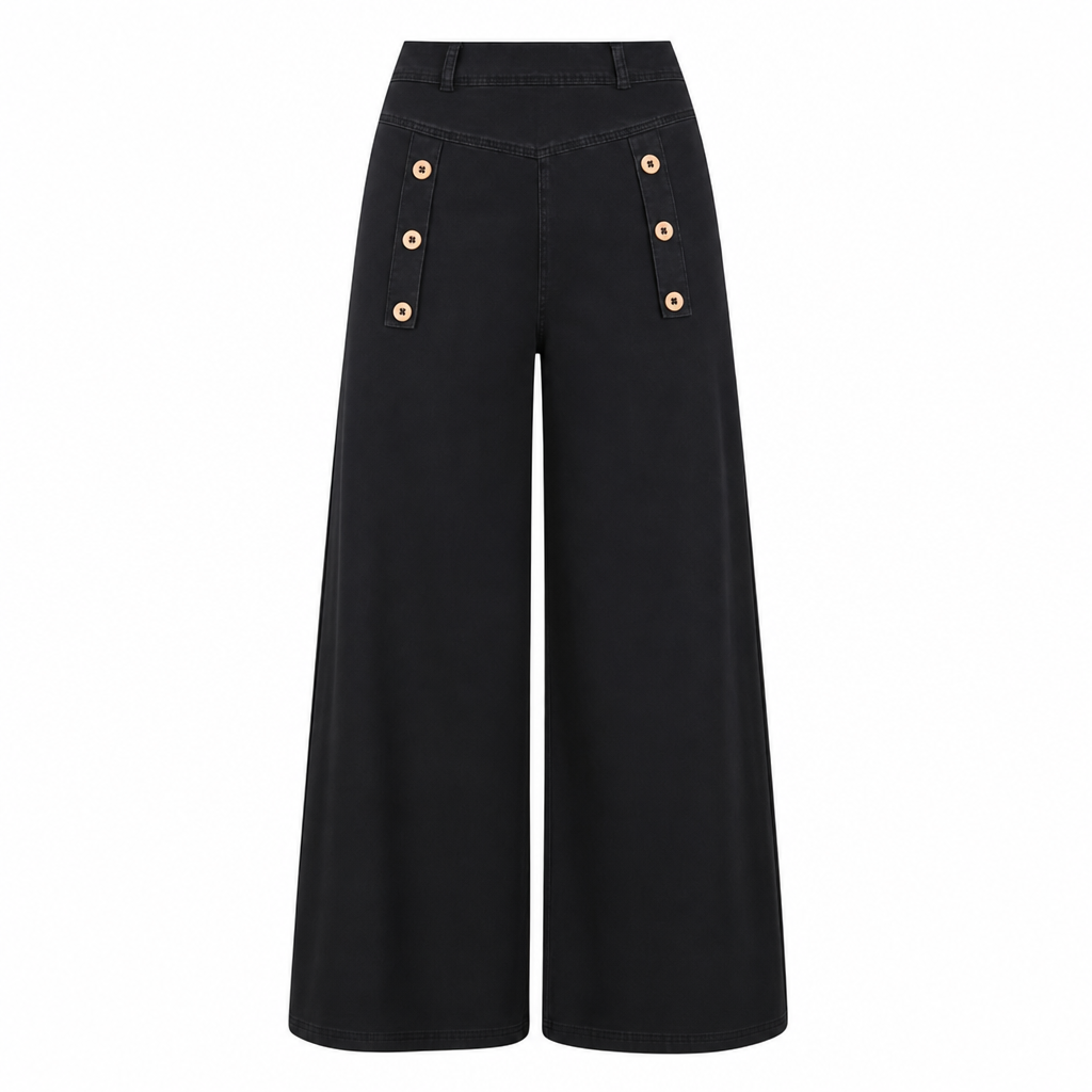 Høytaljede, vidbeinte stretch-jeans med dekorative knapper