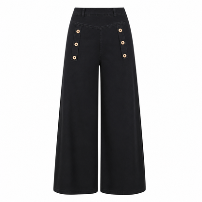 Høytaljede, vidbeinte stretch-jeans med dekorative knapper