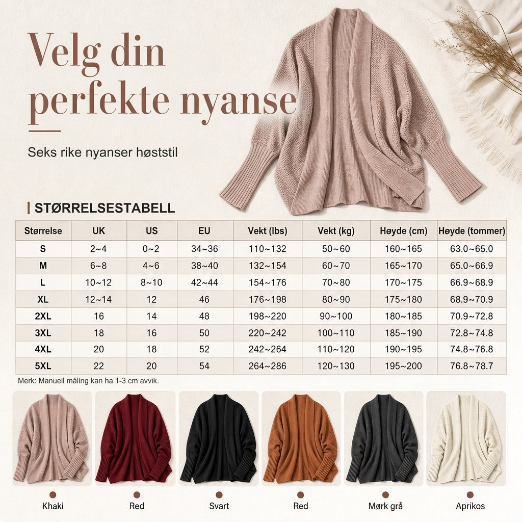 Bomullsstrikket åpen cardigan med vid vingeerm for kvinner – perfekt til høst og vinter