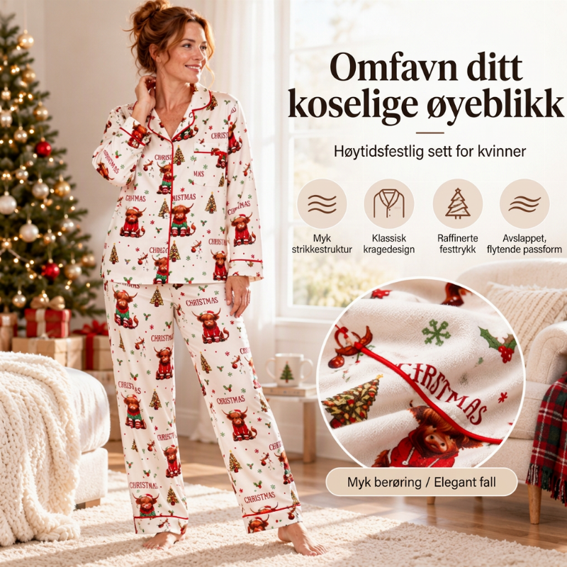 Kvinnelig julepyjamas sett med langermet og skåret krage