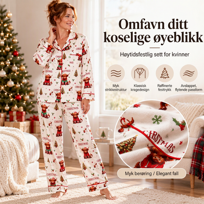 Kvinnelig julepyjamas sett med langermet og skåret krage