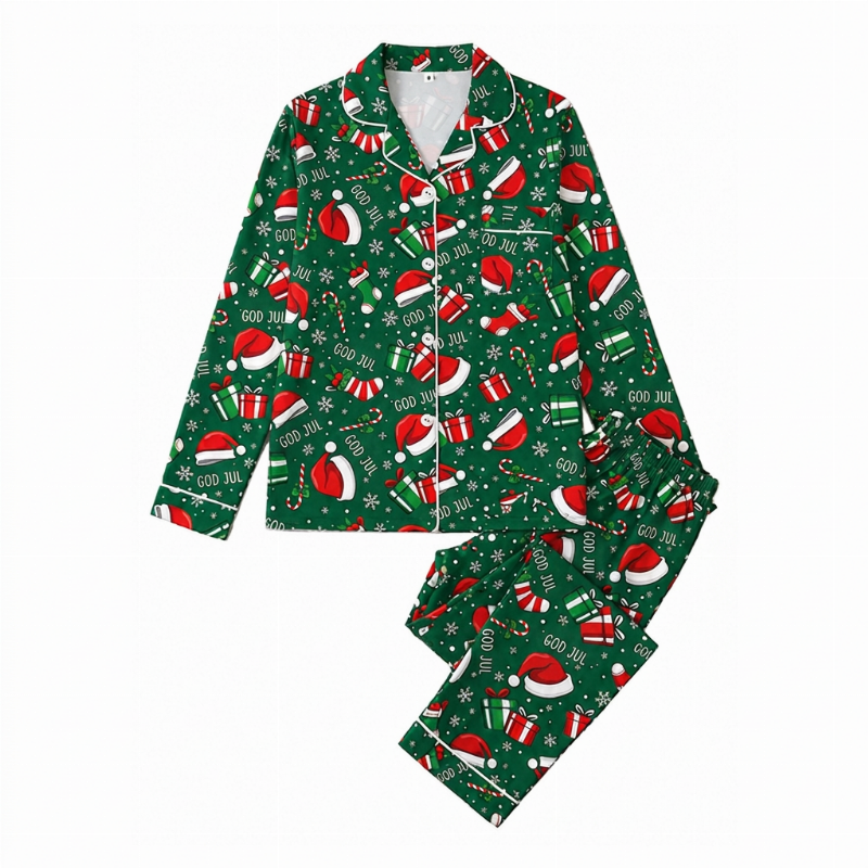 Kvinnelig julepyjamas sett med langermet og skåret krage