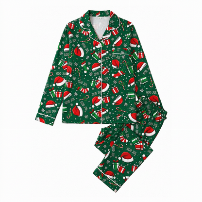 Kvinnelig julepyjamas sett med langermet og skåret krage