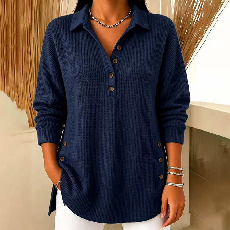 Damebluse med lange ermer i «waffle»-strikk