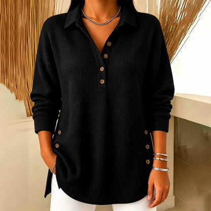 Damebluse med lange ermer i «waffle»-strikk
