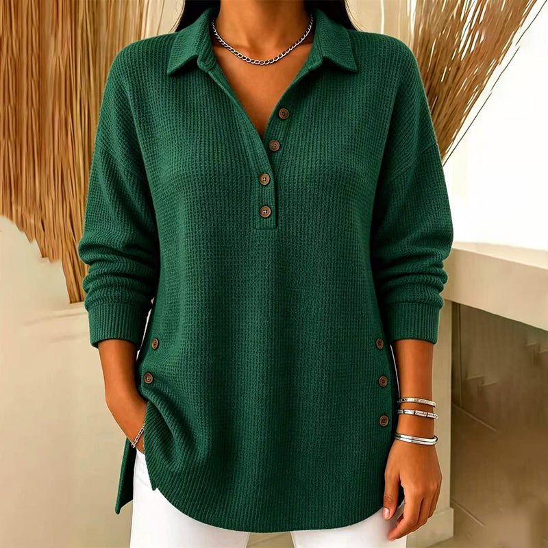 Damebluse med lange ermer i «waffle»-strikk