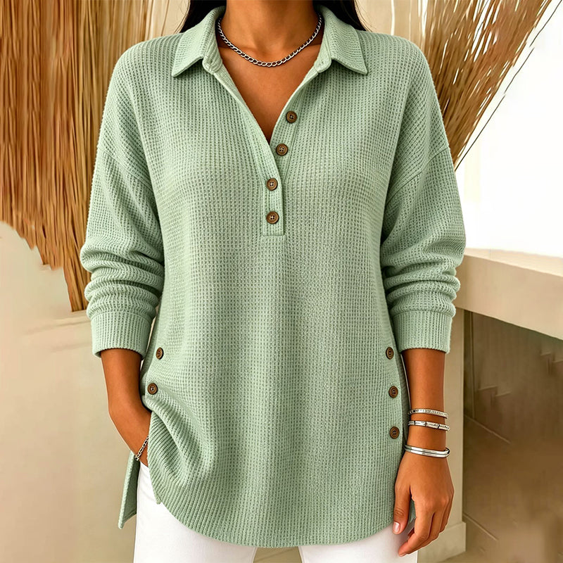 Damebluse med lange ermer i «waffle»-strikk