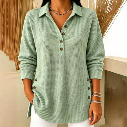 Damebluse med lange ermer i «waffle»-strikk