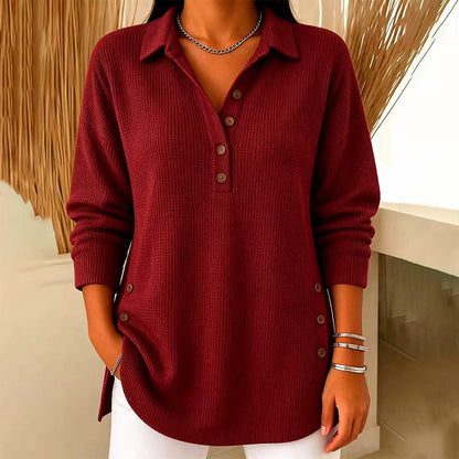 Damebluse med lange ermer i «waffle»-strikk