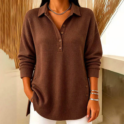 Damebluse med lange ermer i «waffle»-strikk