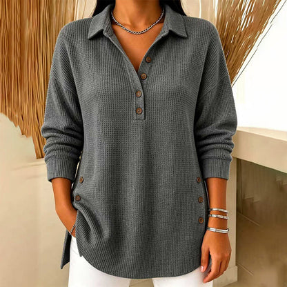 Damebluse med lange ermer i «waffle»-strikk