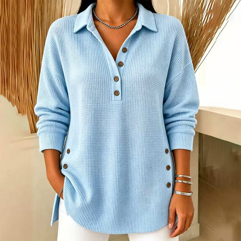 Damebluse med lange ermer i «waffle»-strikk