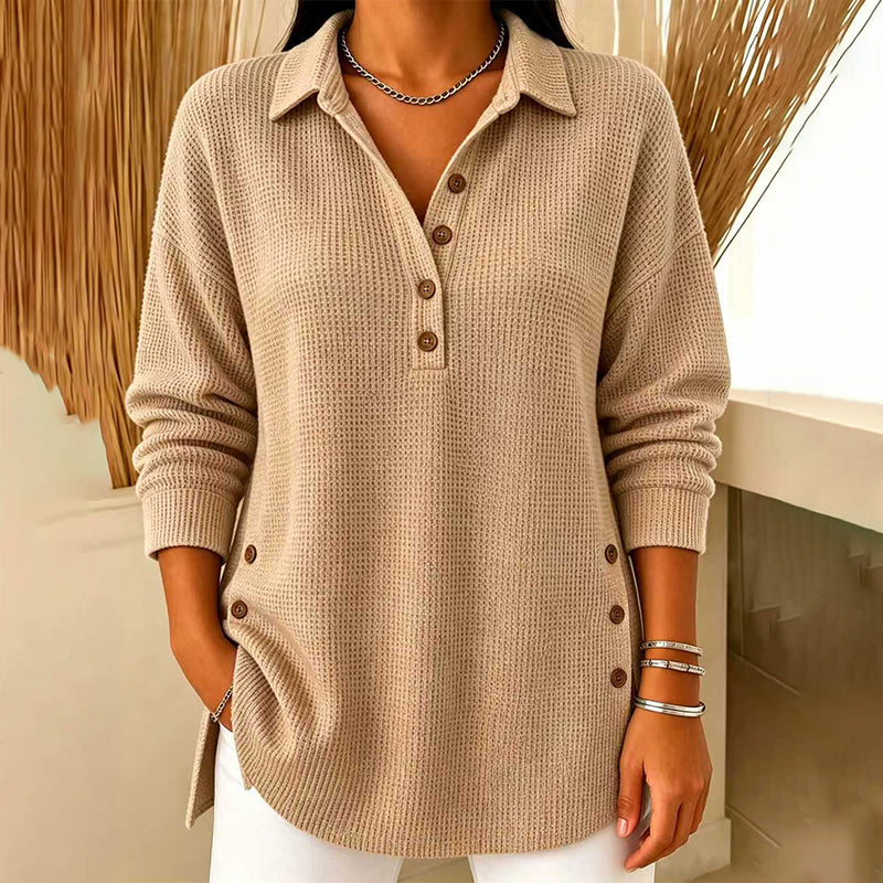 Damebluse med lange ermer i «waffle»-strikk