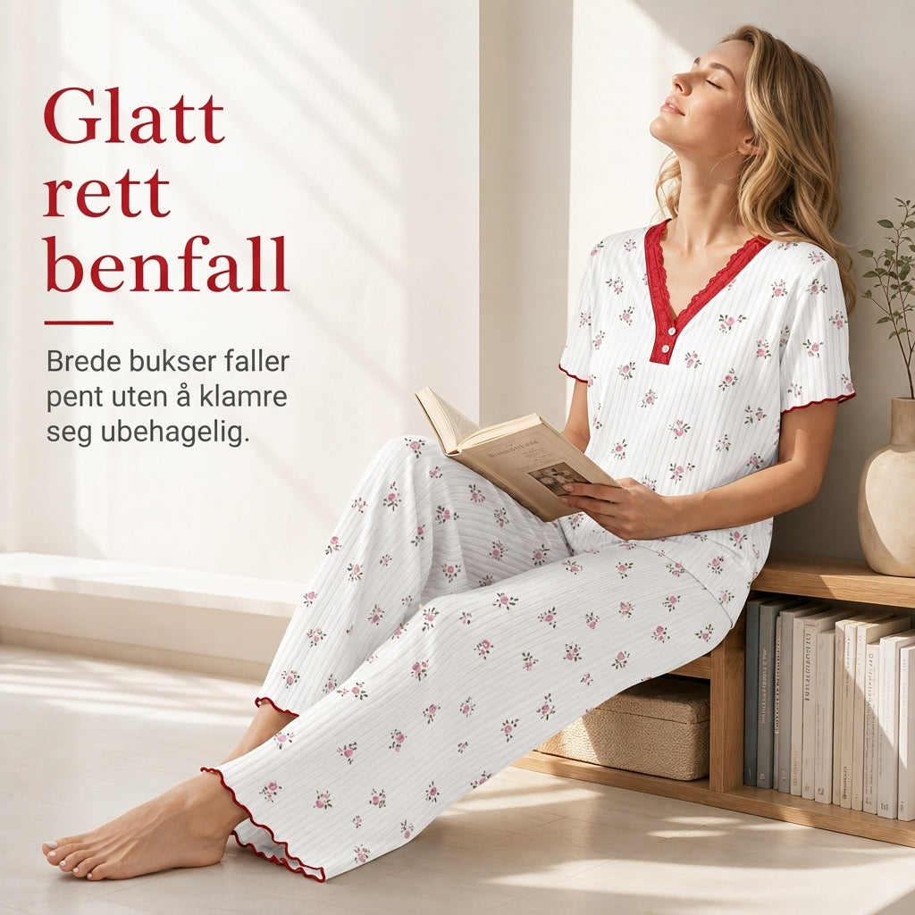 Damesett med printet pyjamas, kortærmet topp og langbukse, komfortabel og stretchy loungewear