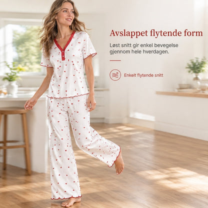 Damesett med printet pyjamas, kortærmet topp og langbukse, komfortabel og stretchy loungewear