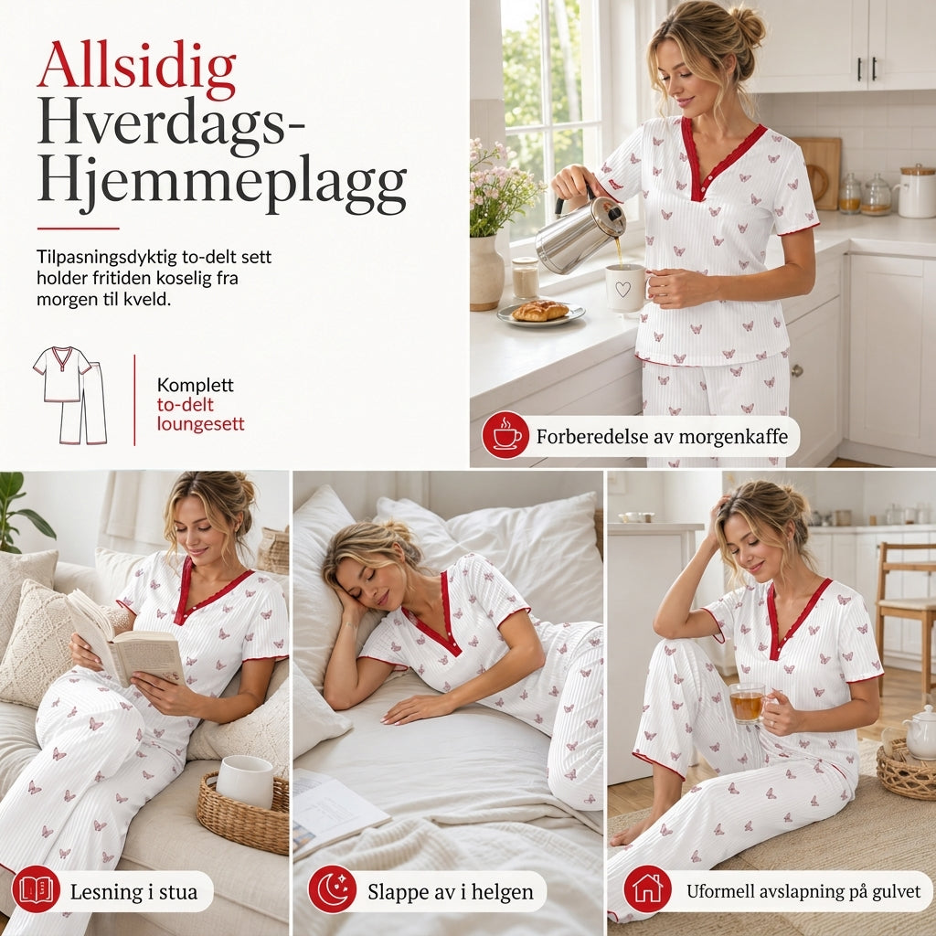 Damesett med printet pyjamas, kortærmet topp og langbukse, komfortabel og stretchy loungewear