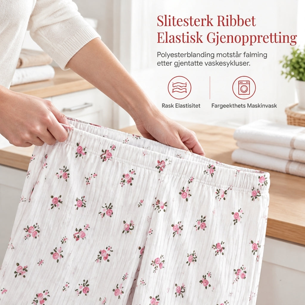 Damesett med printet pyjamas, kortærmet topp og langbukse, komfortabel og stretchy loungewear