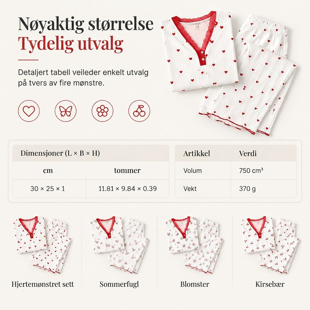 Damesett med printet pyjamas, kortærmet topp og langbukse, komfortabel og stretchy loungewear