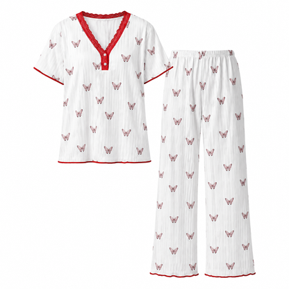 Damesett med printet pyjamas, kortærmet topp og langbukse, komfortabel og stretchy loungewear