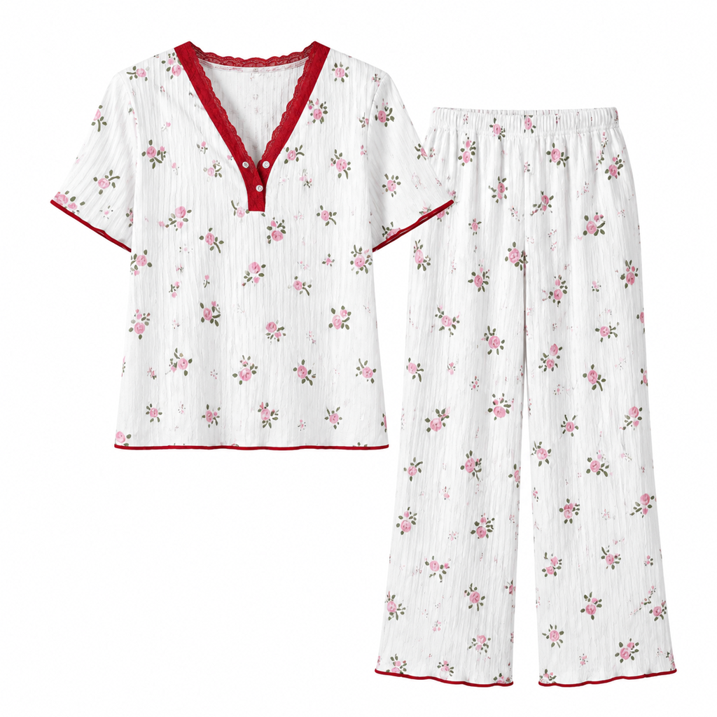 Damesett med printet pyjamas, kortærmet topp og langbukse, komfortabel og stretchy loungewear