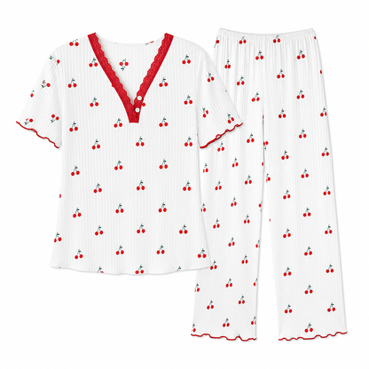 Damesett med printet pyjamas, kortærmet topp og langbukse, komfortabel og stretchy loungewear
