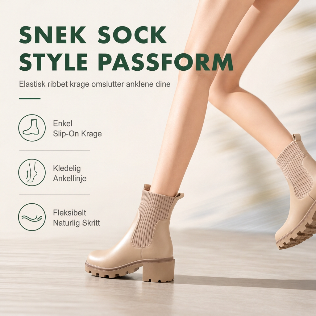 Avslappede lavhælte kvinneboots - firkantet tå, chunky hæl, sokk-ankelboots