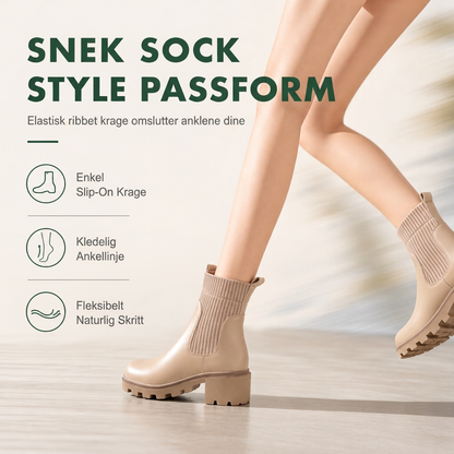 Avslappede lavhælte kvinneboots - firkantet tå, chunky hæl, sokk-ankelboots