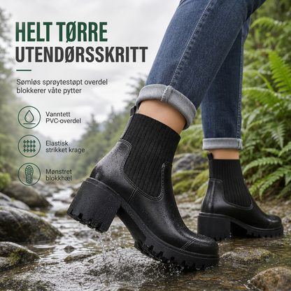 Avslappede lavhælte kvinneboots - firkantet tå, chunky hæl, sokk-ankelboots