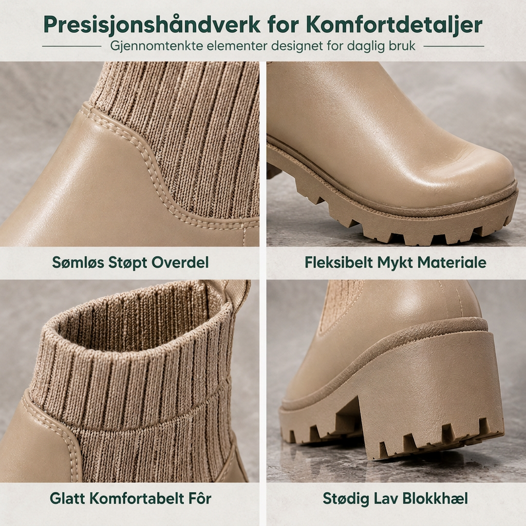 Avslappede lavhælte kvinneboots - firkantet tå, chunky hæl, sokk-ankelboots