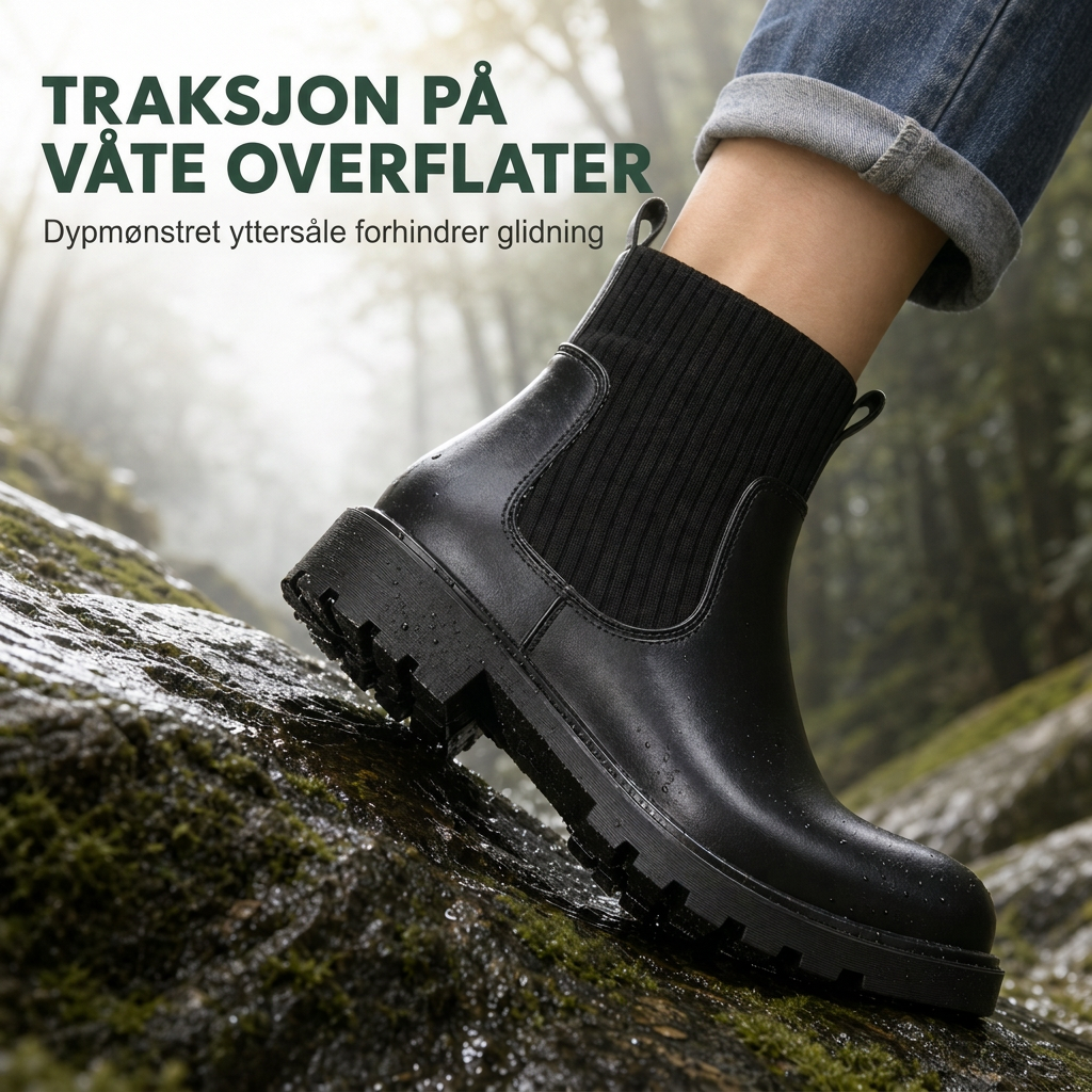 Avslappede lavhælte kvinneboots - firkantet tå, chunky hæl, sokk-ankelboots