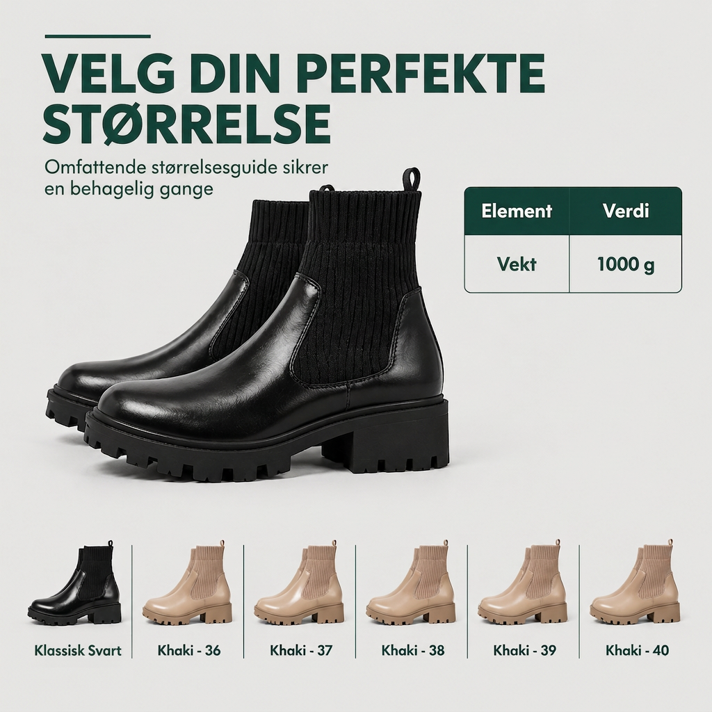 Avslappede lavhælte kvinneboots - firkantet tå, chunky hæl, sokk-ankelboots