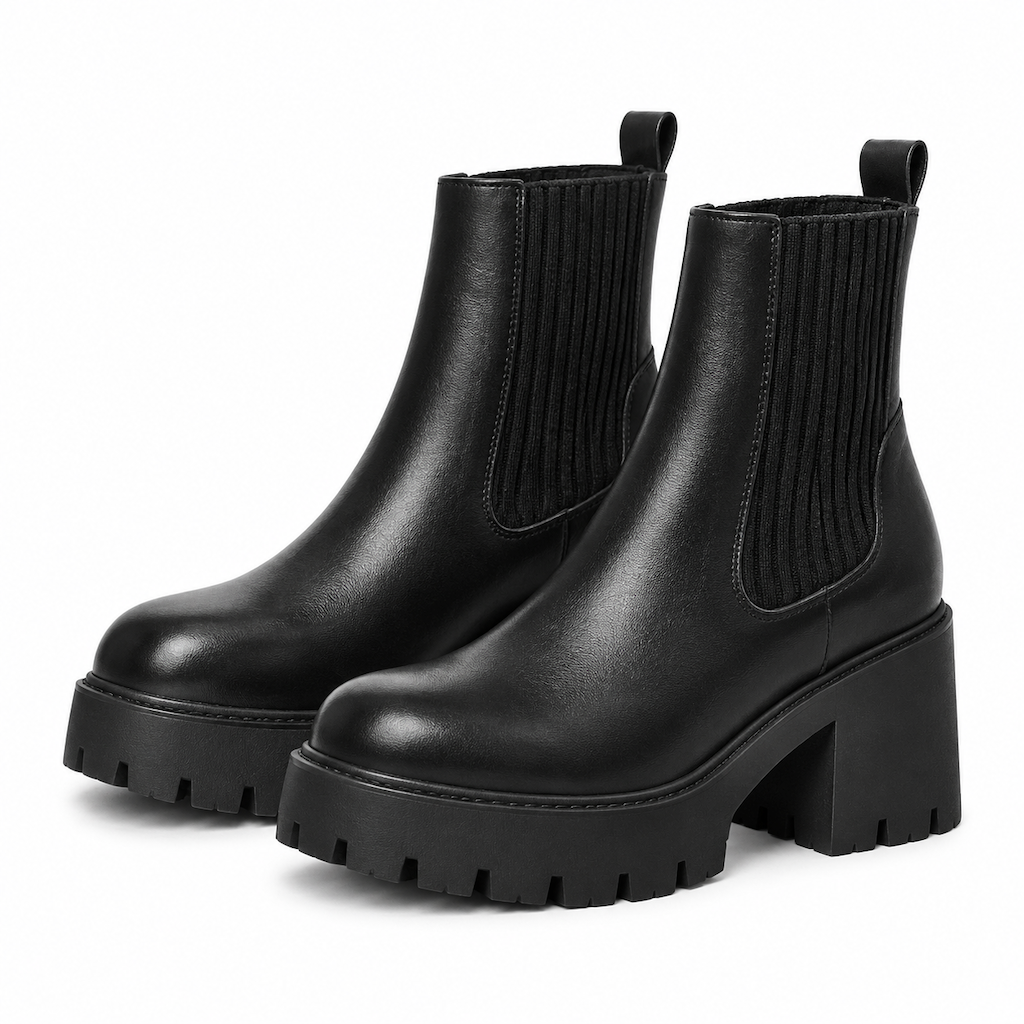 Avslappede lavhælte kvinneboots - firkantet tå, chunky hæl, sokk-ankelboots