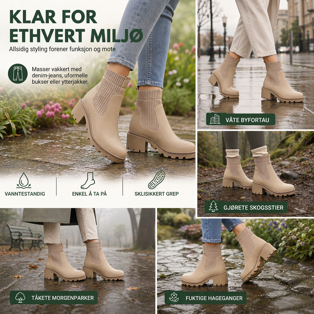 Avslappede lavhælte kvinneboots - firkantet tå, chunky hæl, sokk-ankelboots