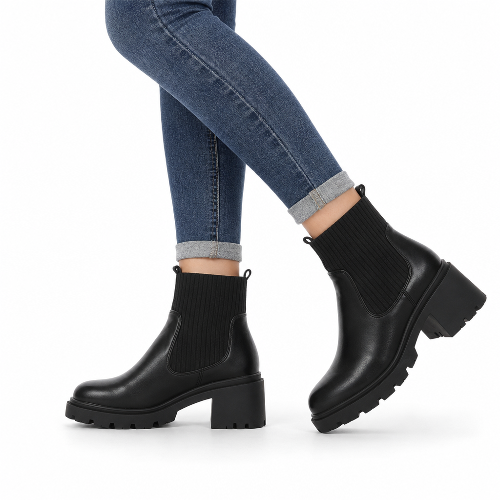 Avslappede lavhælte kvinneboots - firkantet tå, chunky hæl, sokk-ankelboots