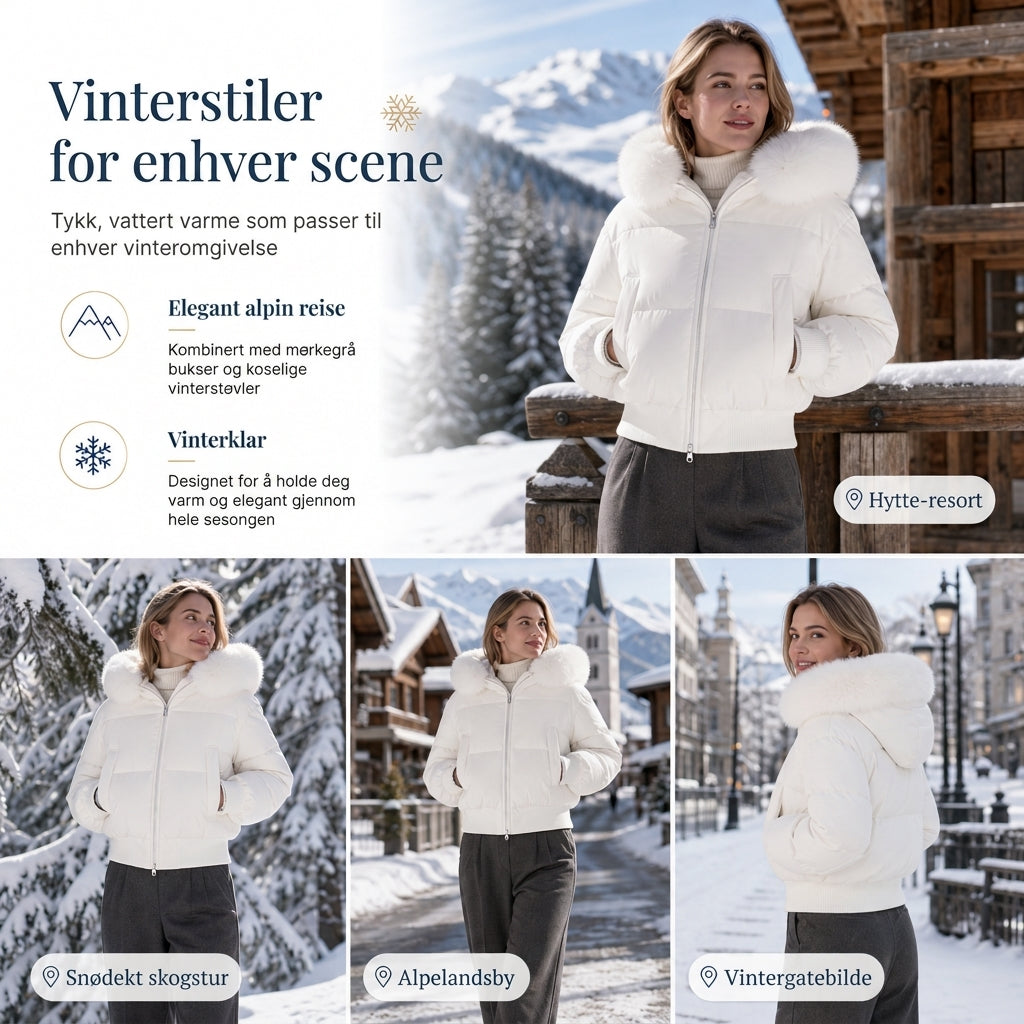 Vinterkort, hetteforet jakke med pels krage for kvinner