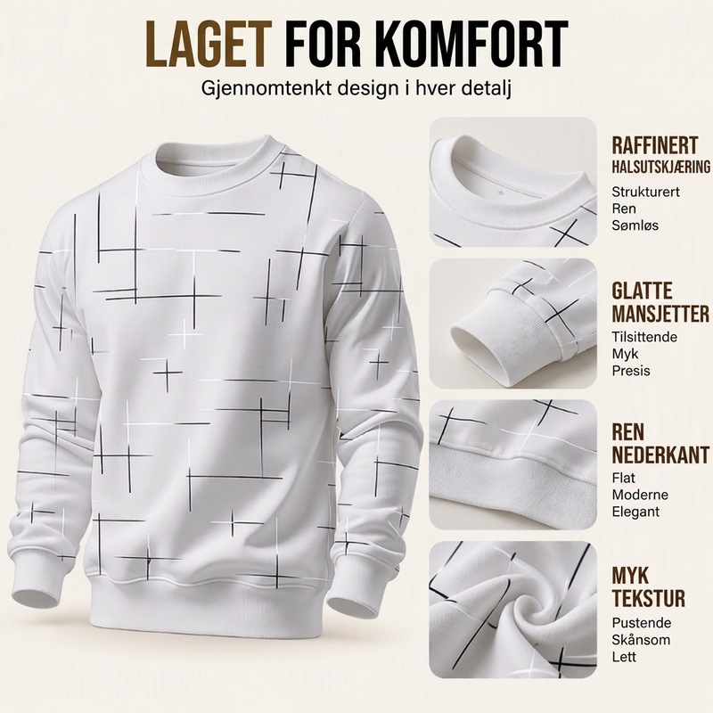 Avslappet herre-sweatshirt med rund hals og linjetrykk