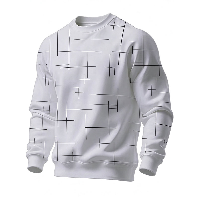 Avslappet herre-sweatshirt med rund hals og linjetrykk