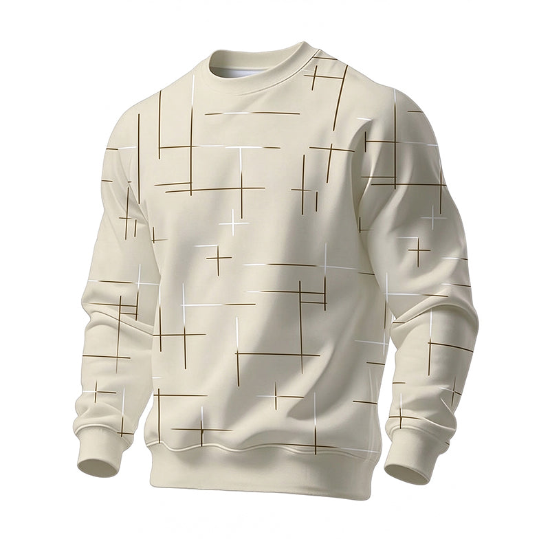 Avslappet herre-sweatshirt med rund hals og linjetrykk