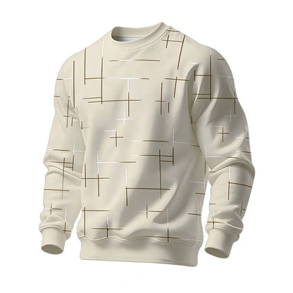 Avslappet herre-sweatshirt med rund hals og linjetrykk